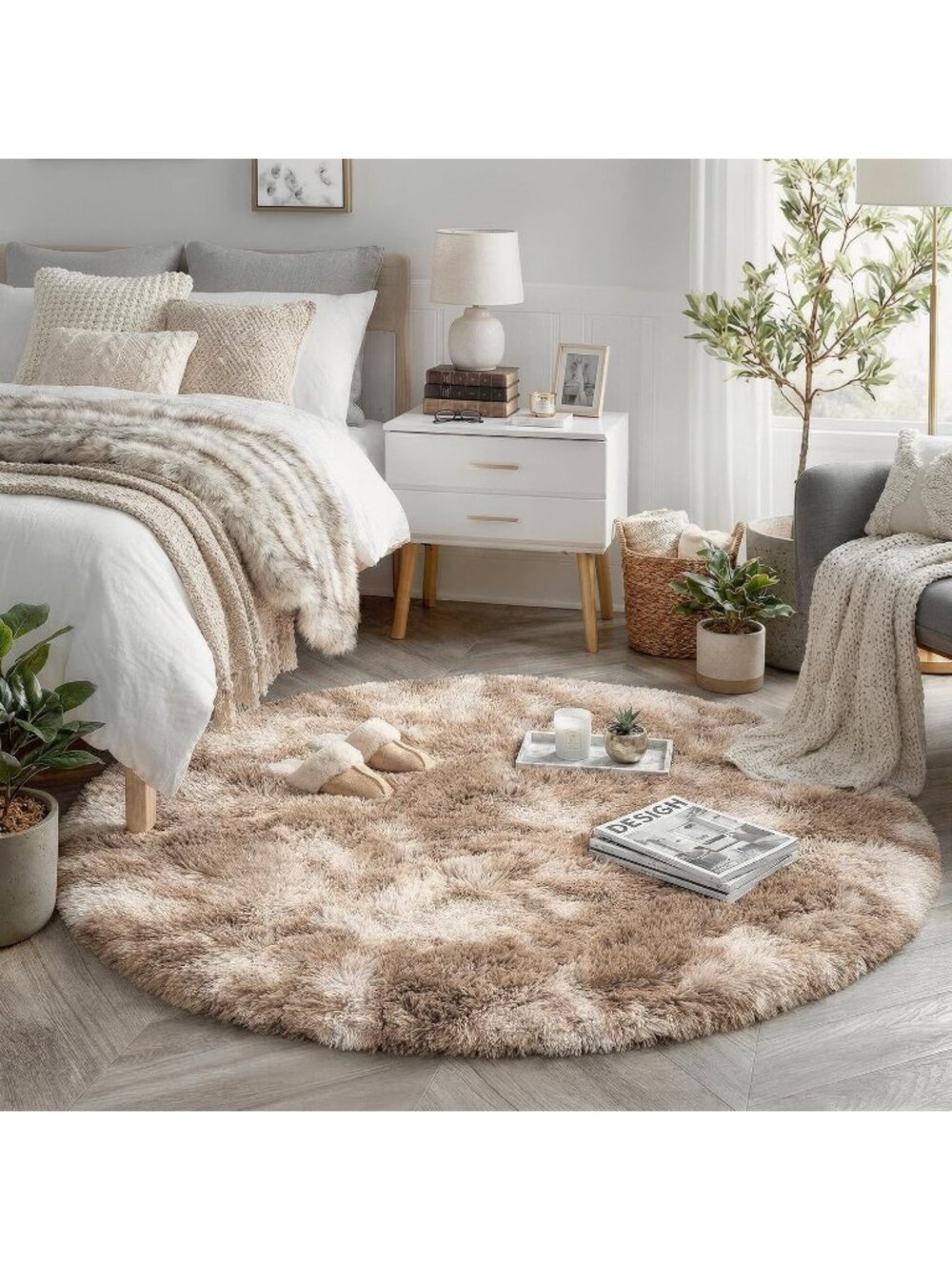 〽️Beige Tan Round Small Area Rug 4Ft Bedroom Living Room Fluffy Shag Carpet
